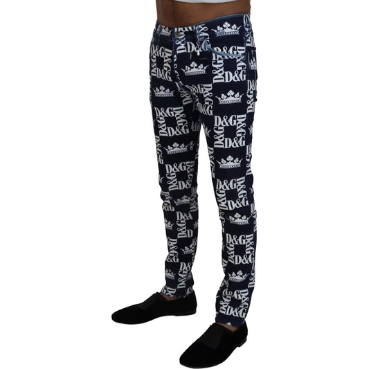 Dolce & Gabbana Elegant Crown Print Denim Pants Dolce & Gabbana Dark Gray