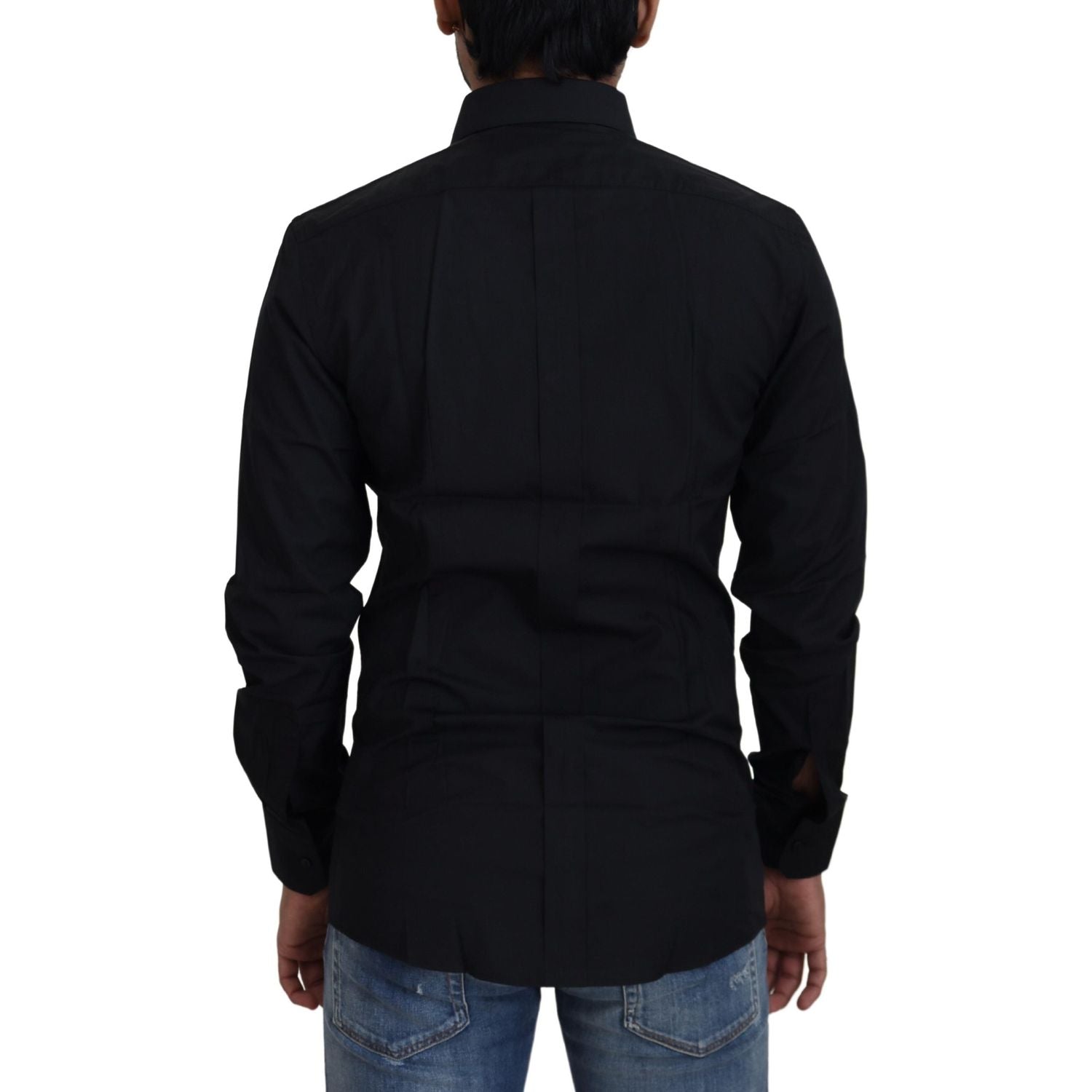 Dolce & Gabbana Black Cotton Slim Fit Formal Dress GOLD Shirt