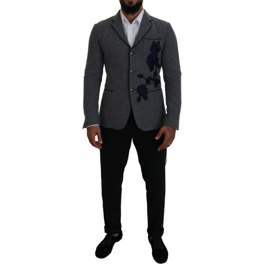Dolce & Gabbana Elegant Gray Wool Blazer with Blue Rose Embroidery Dolce & Gabbana Black