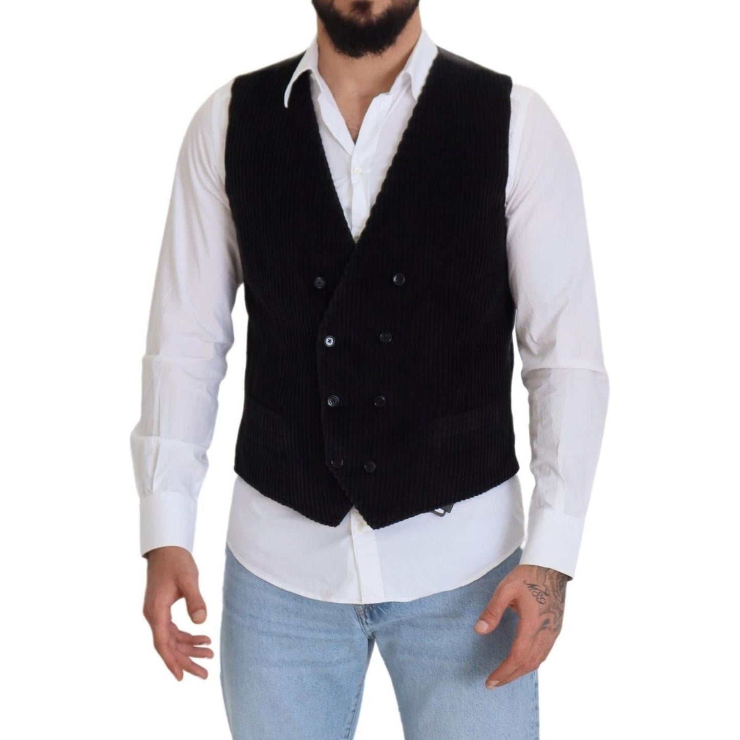 Dolce & Gabbana Black Cotton Double Breasted Waistcoat Vest TSH83027 - 44