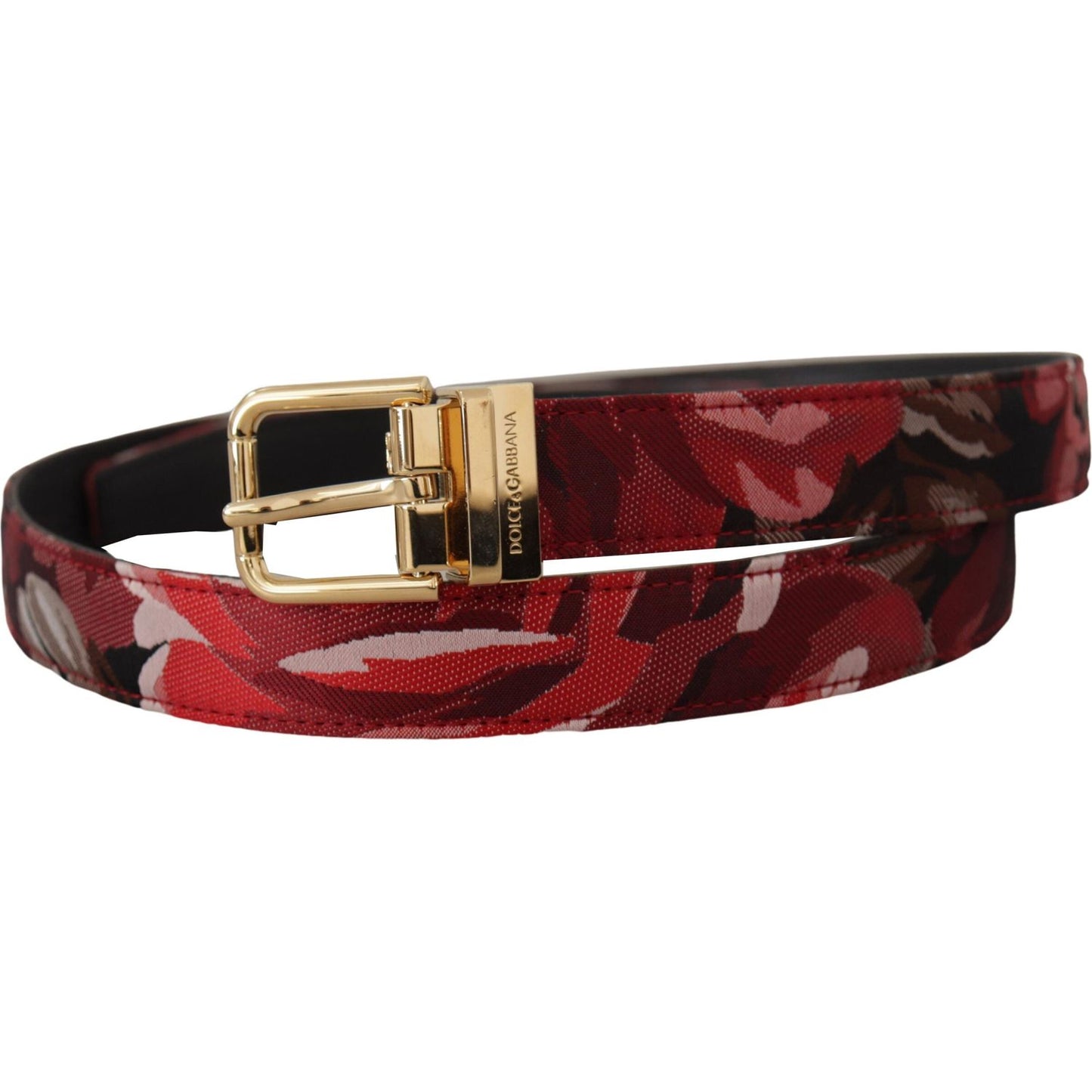 Dolce & Gabbana Red Jacquard Rose Leather Gold Metal Buckle Belt