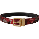 Dolce & Gabbana Red Jacquard Rose Leather Gold Metal Buckle Belt BEL8419- 90