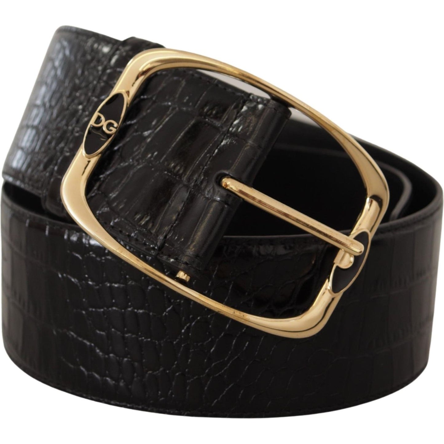 Dolce & Gabbana Black Crocodile Print Gold Metal DG Logo Buckle Belt WMB138 - 75