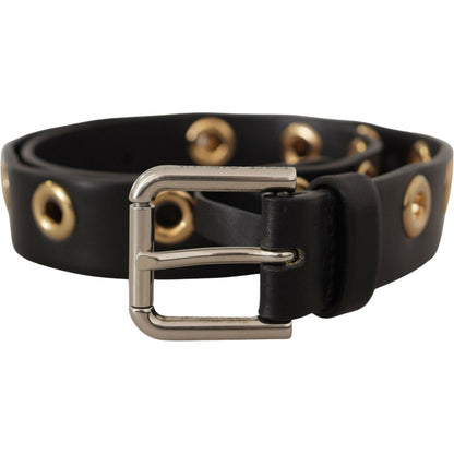 Dolce & Gabbana Black Leather Eyelet Silver Tone Metal Buckle Belt