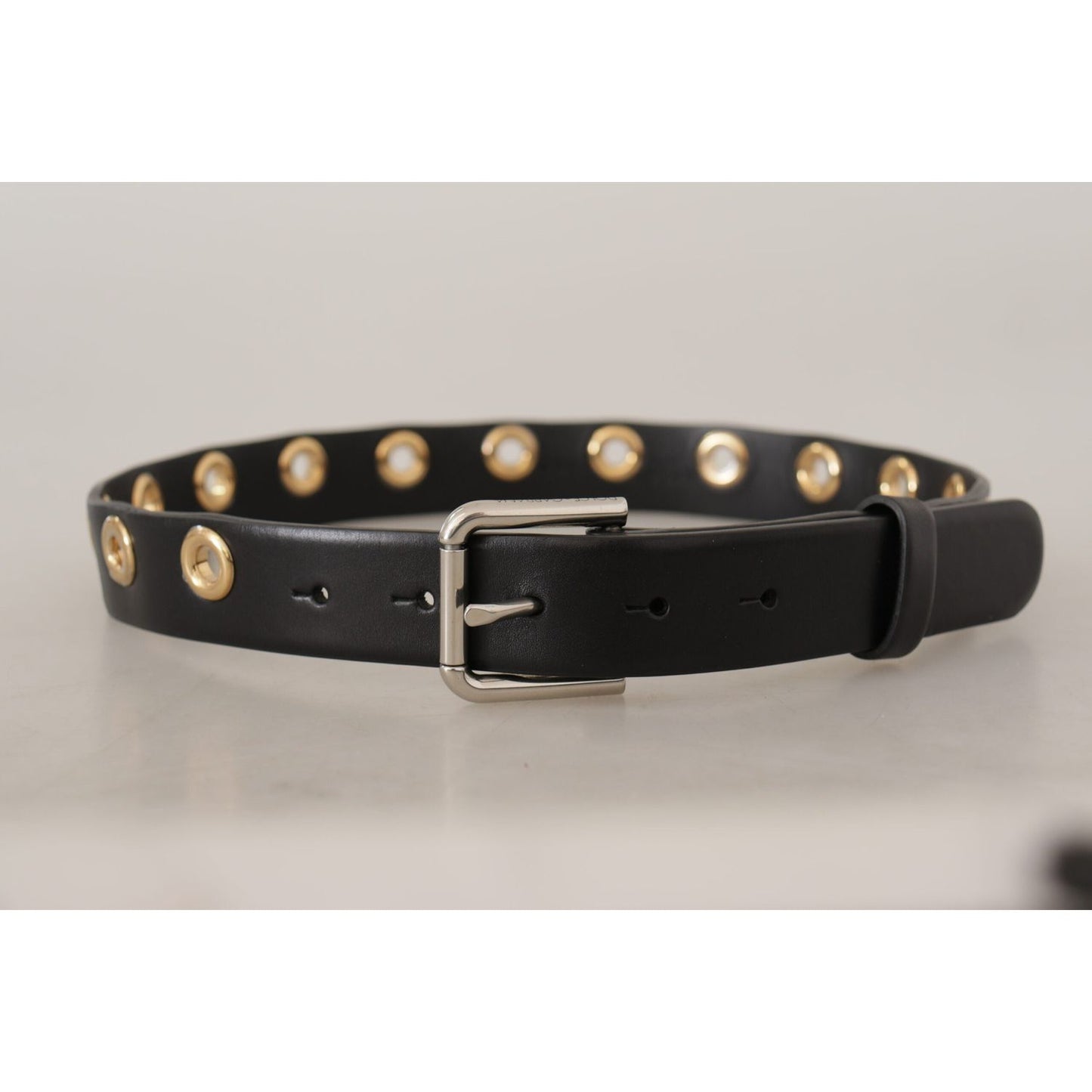 Dolce & Gabbana Black Leather Eyelet Silver Tone Metal Buckle Belt BEL8615 - 70