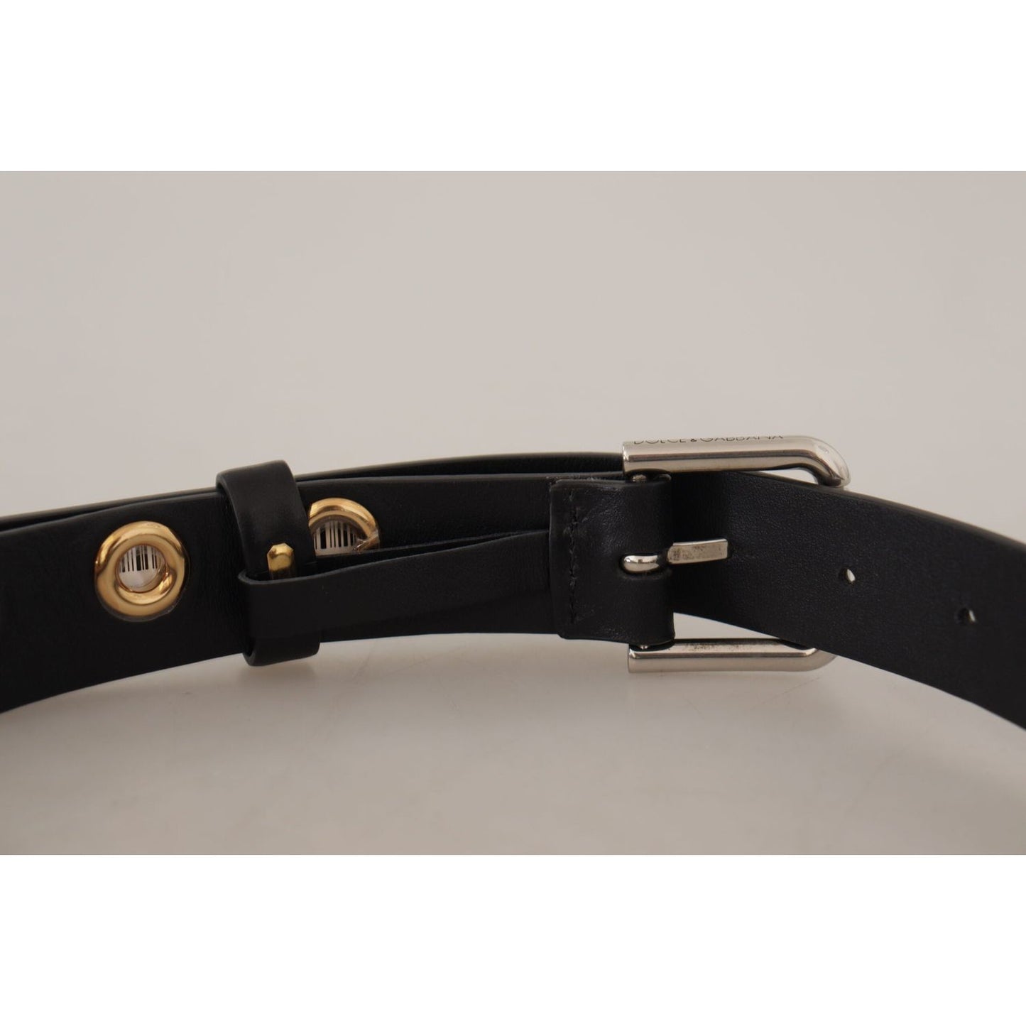 Dolce & Gabbana Black Leather Eyelet Silver Tone Metal Buckle Belt BEL8615 - 70
