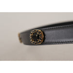 Dolce & Gabbana Black Leather Embellished Crystal Logo Belt BEL8618 - 85