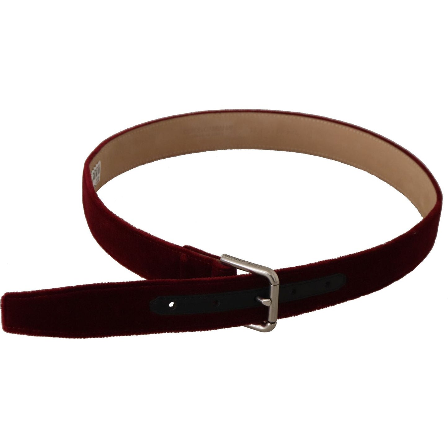 Dolce & Gabbana Red Velvet Silver Logo Engraved Metal Buckle Belt