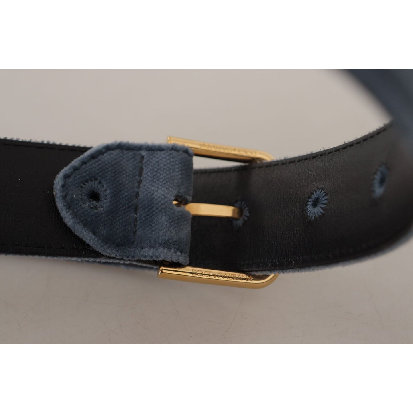 Dolce & Gabbana Navy Blue Velvet Gold Metal Logo Waist Buckle Belt WMB150 - 60