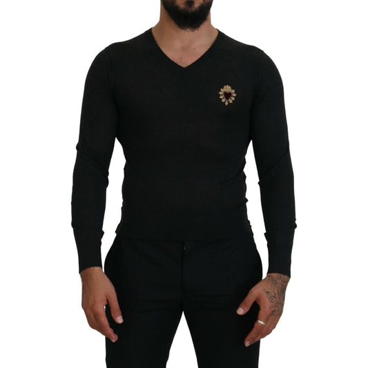 Dolce & Gabbana V-Neck Cashmere Sweater with Heart Embroidery Dolce & Gabbana Black