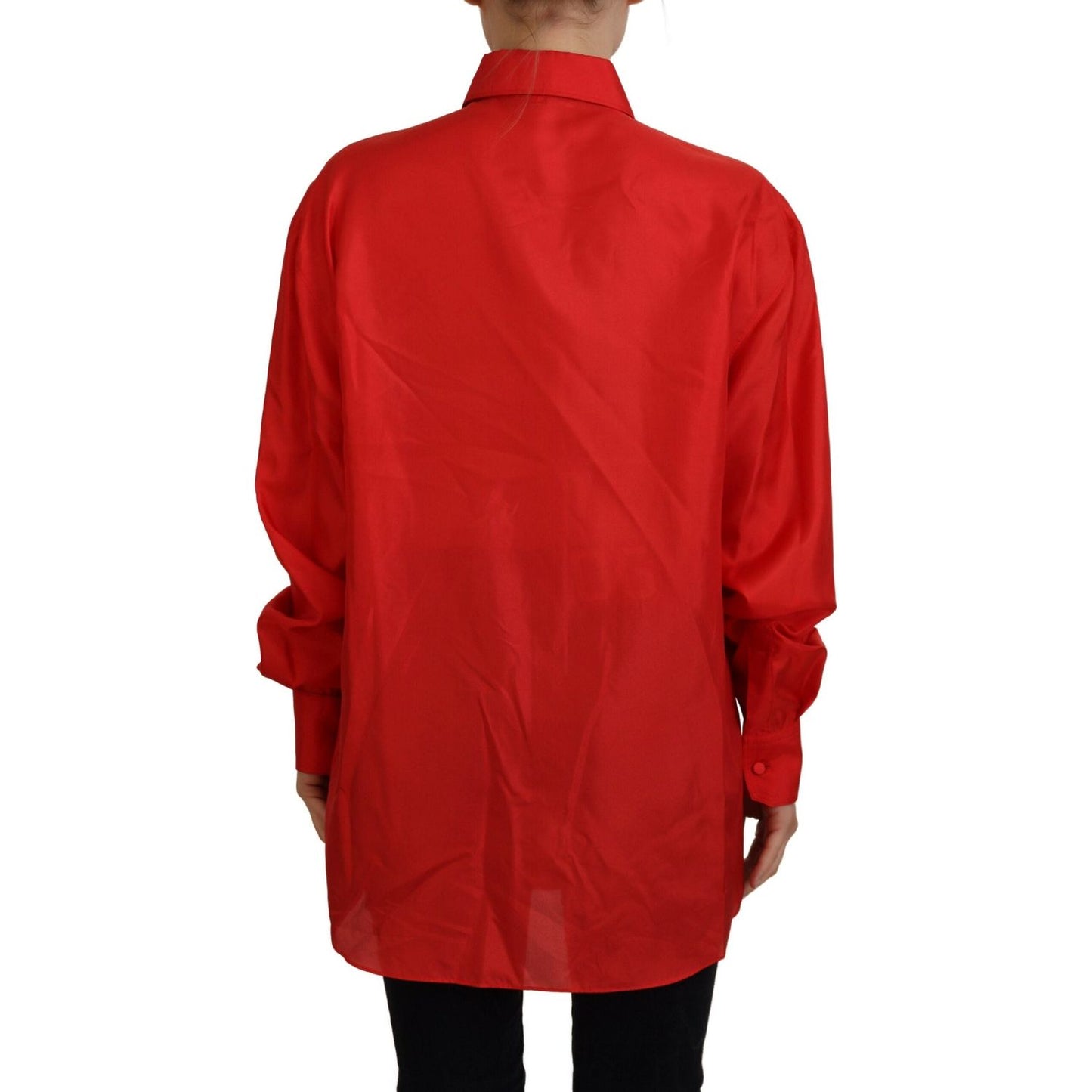 Dolce & Gabbana Red Silk Collared Long Sleeves Dress Shirt Top