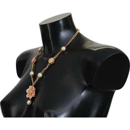 Dolce & Gabbana Gold Tone Floral Crystals Pink Embellished Necklace Necklace