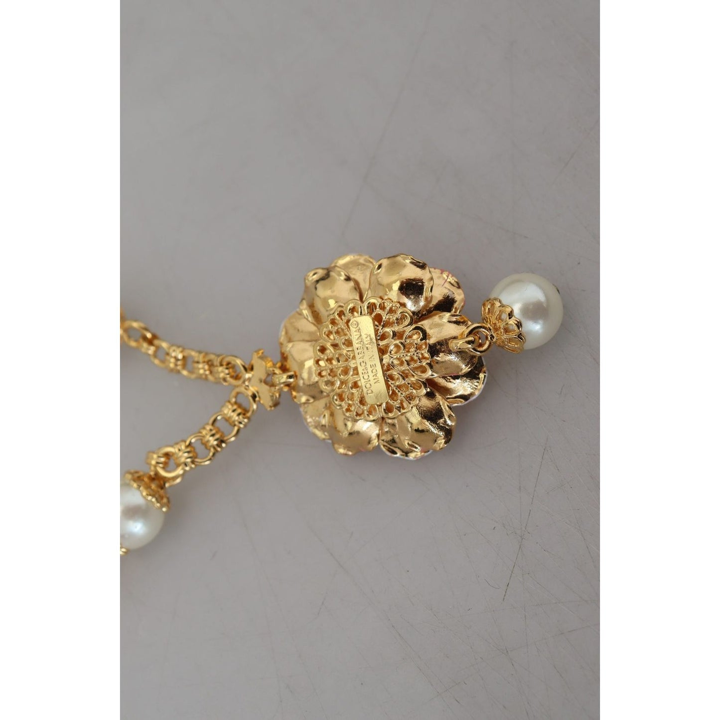 Dolce & Gabbana Gold Tone Floral Crystals Pink Embellished Necklace Necklace