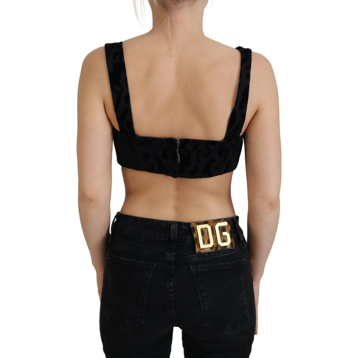 Dolce & Gabbana Black Leopard Cropped Bustier Corset Bra Top