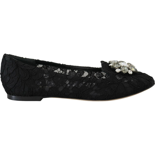 Dolce & Gabbana Black Taormina Lace Crystals Flats Shoes