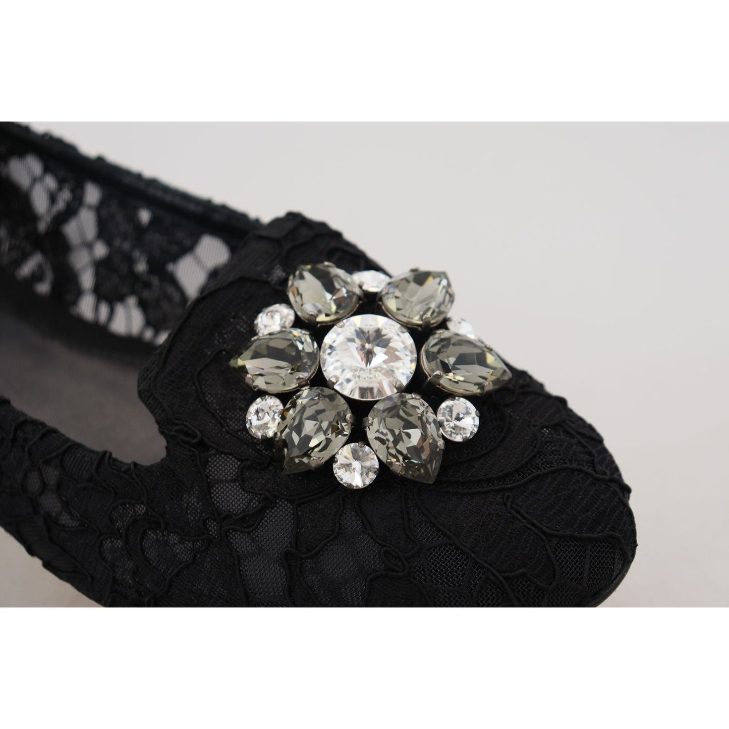 Dolce & Gabbana Black Taormina Lace Crystals Flats Shoes