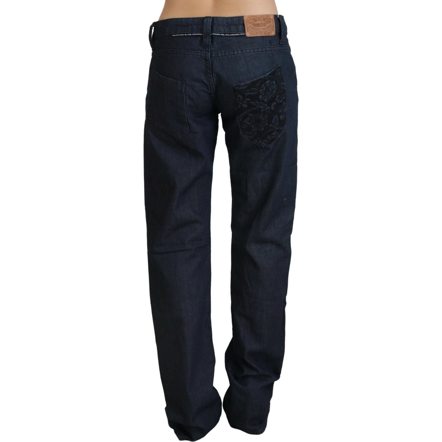 时尚深蓝色低腰直筒牛仔裤