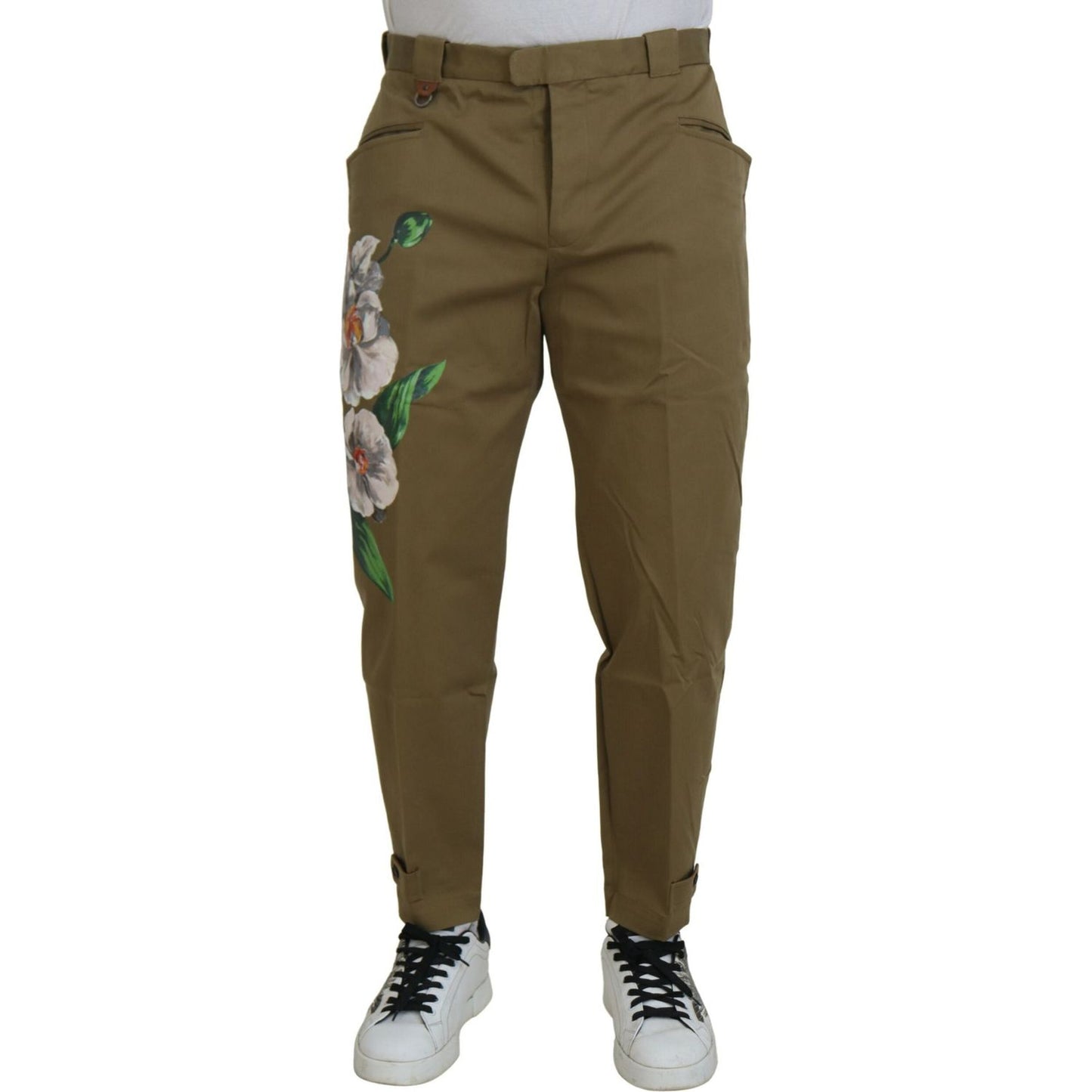 Dolce & Gabbana Beige Cotton Stretch Floral Chinos Pants