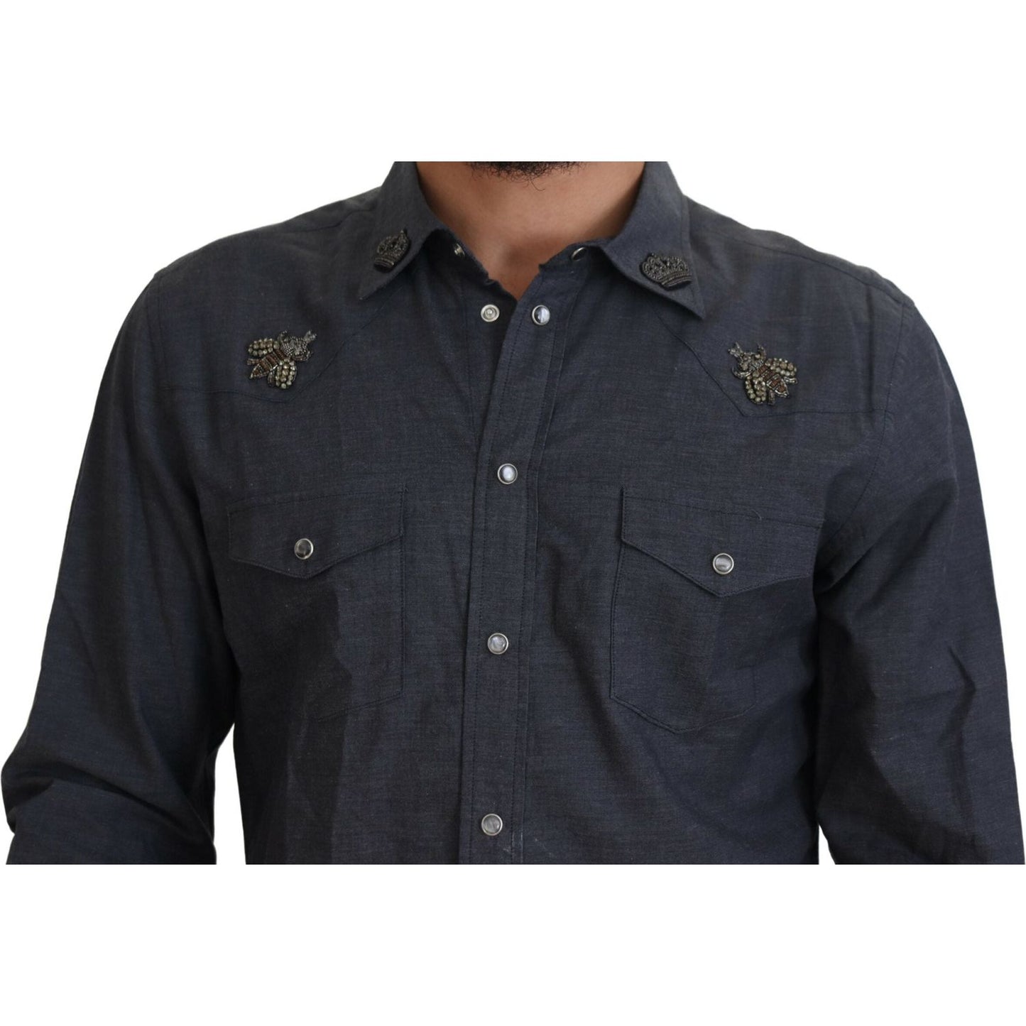Dolce & Gabbana Blue Cotton Denim Crystal Bee Shirt