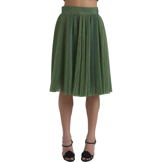 Dolce & Gabbana Metallic Green High Waist A-line Pleated Skirt SKI1829-44
