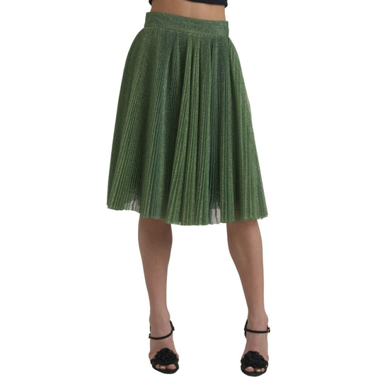Dolce & Gabbana Metallic Green High Waist A-line Pleated Skirt SKI1829-44