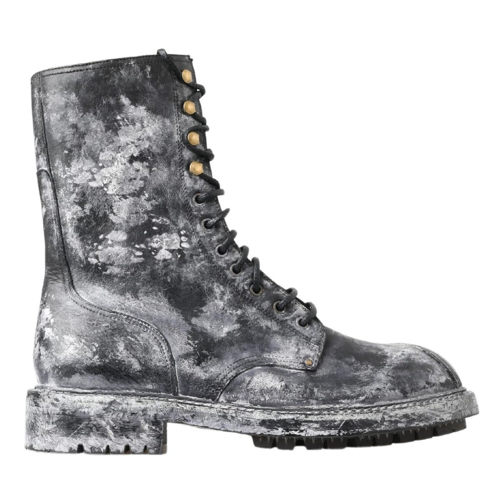 Dolce & Gabbana Black Gray Leather Mid Calf Boots Shoes MV5053- 39.5