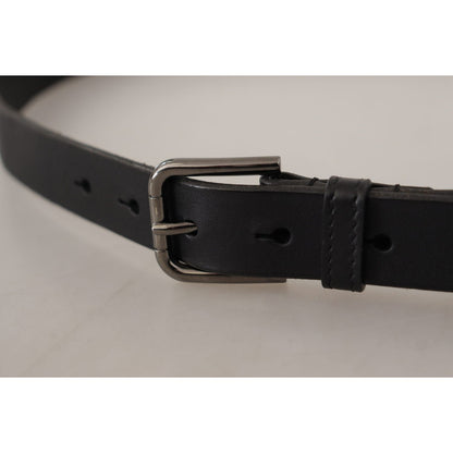 Dolce & Gabbana Black Calf Leather Logo Engraved Metal Buckle Belt