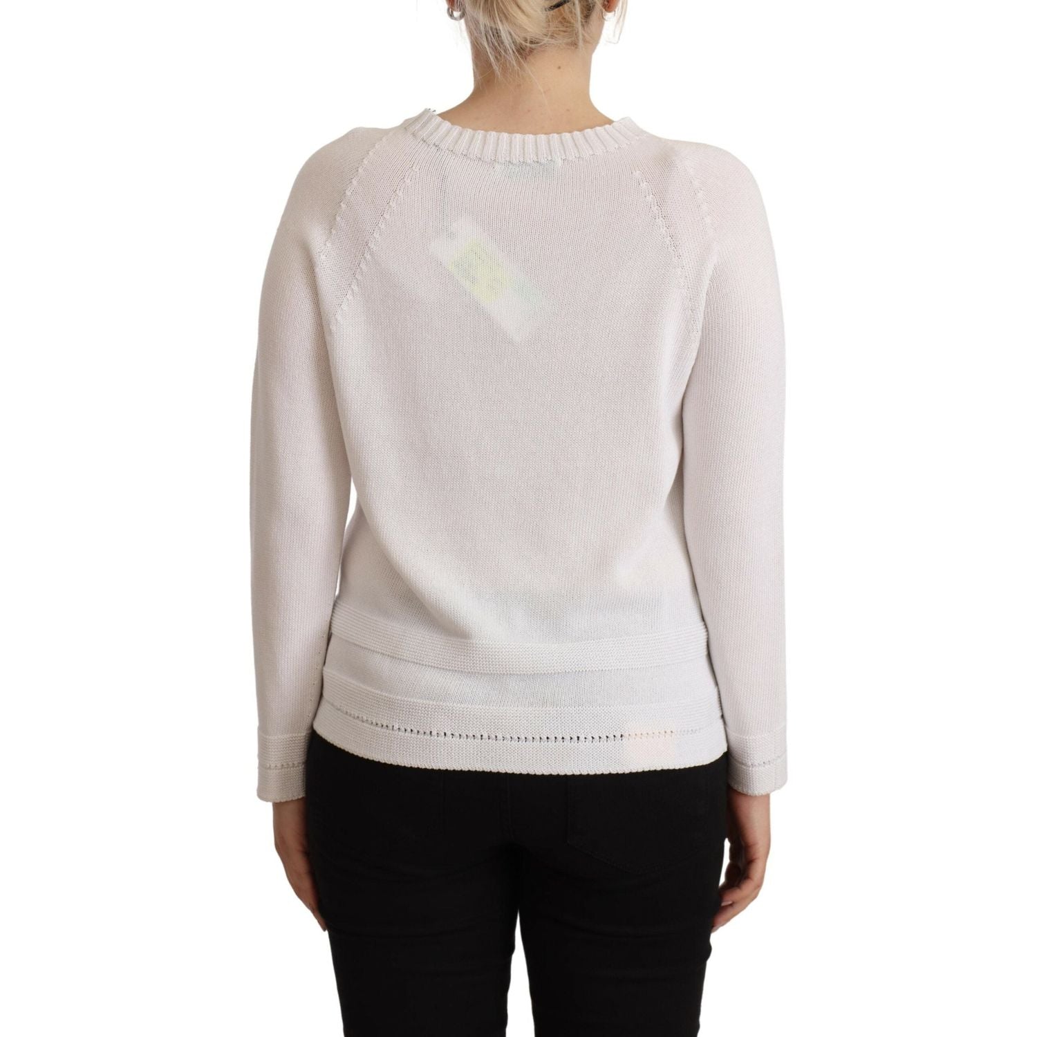 Alpha Studio White Long Sleeves Crewneck Pullover Sweater