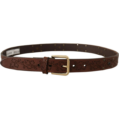 Dolce & Gabbana Brown Leather Floral Studded Metal Buckle Belt