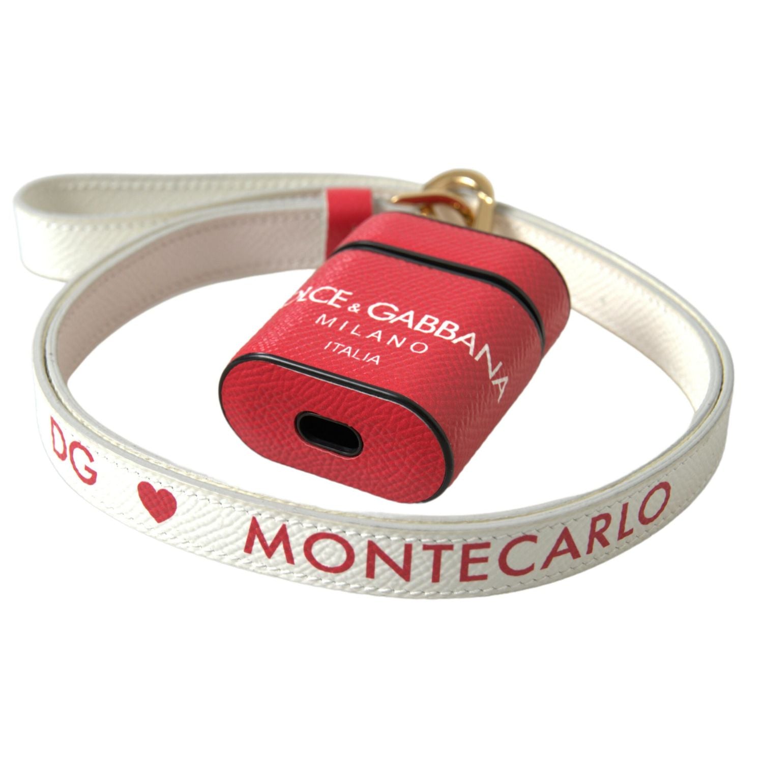 Dolce & Gabbana Red Leather Gold Tone Metal Logo Print Strap Airpods Case