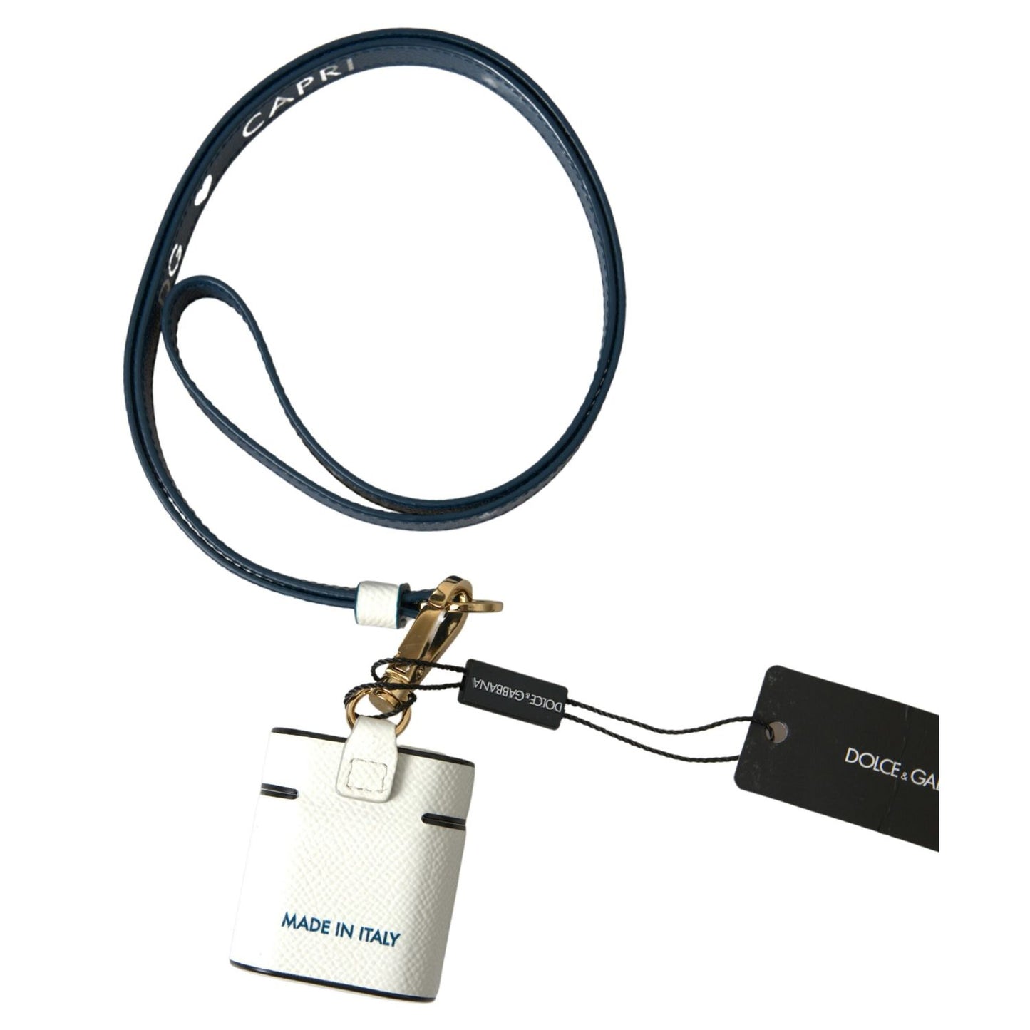 Dolce & Gabbana White Blue Calf Leather Logo Print Strap Airpods Case