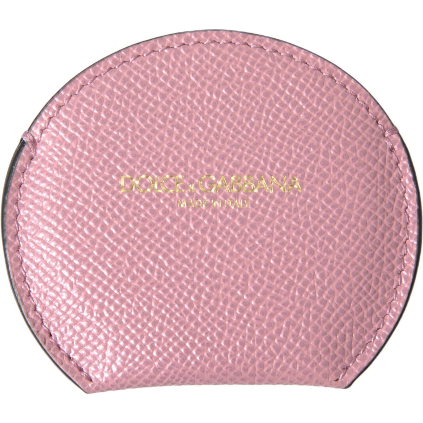 Dolce & Gabbana Pink Calfskin Leather Round Logo Print Hand Mirror Holder