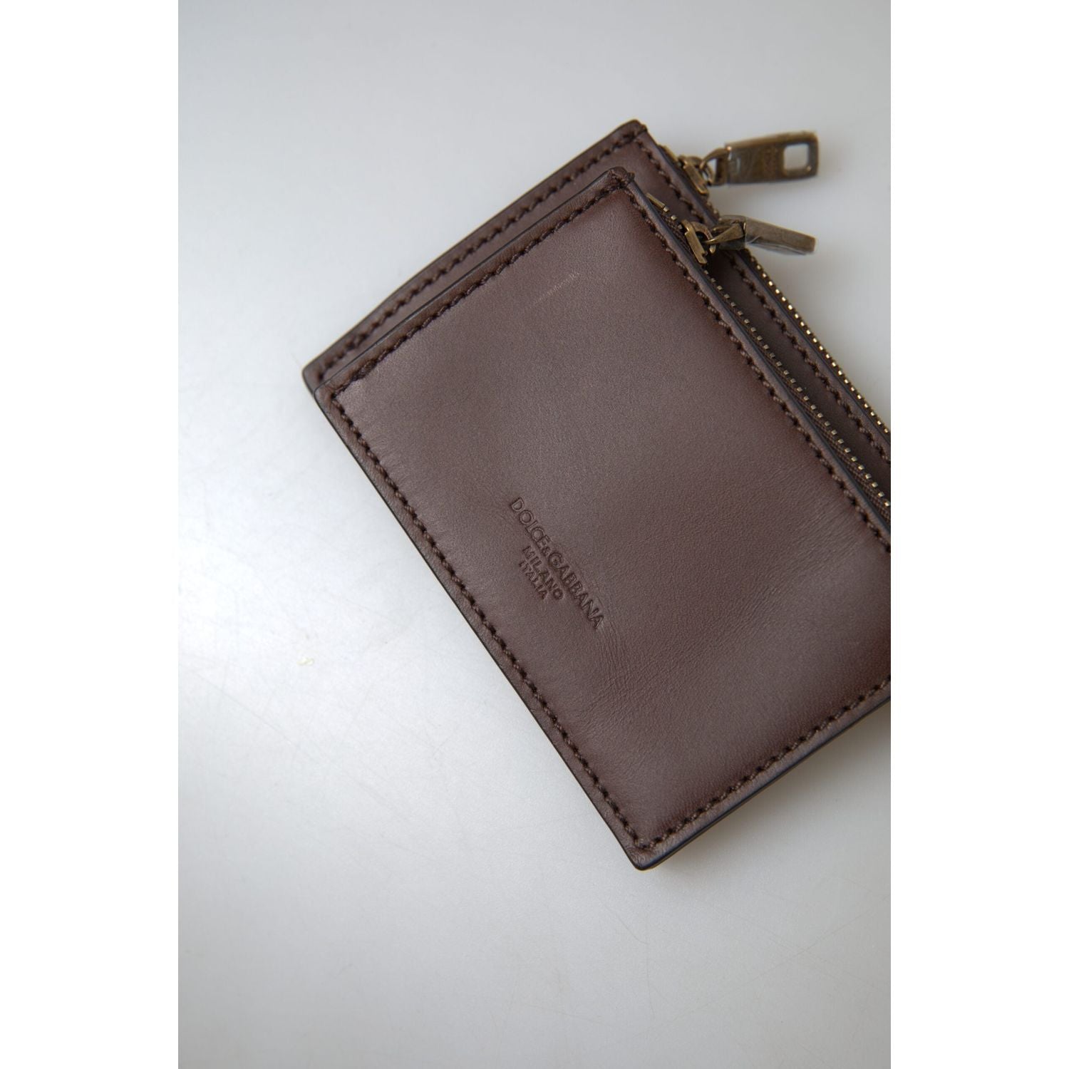 Dolce & Gabbana Brown Leather Zip Logo Keyring Coin Purse Wallet