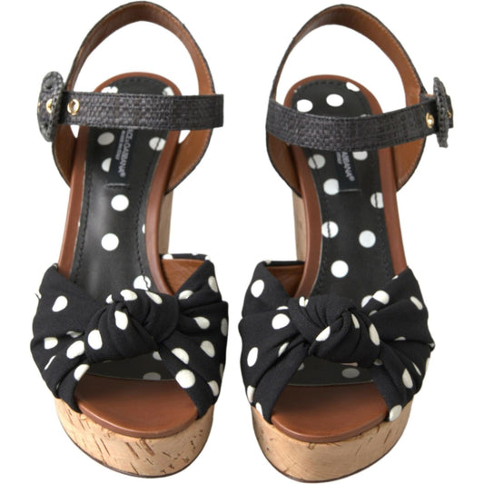 Dolce & Gabbana Black Wedges Polka Dotted Ankle Strap Shoes Sandals LA10239-35.5