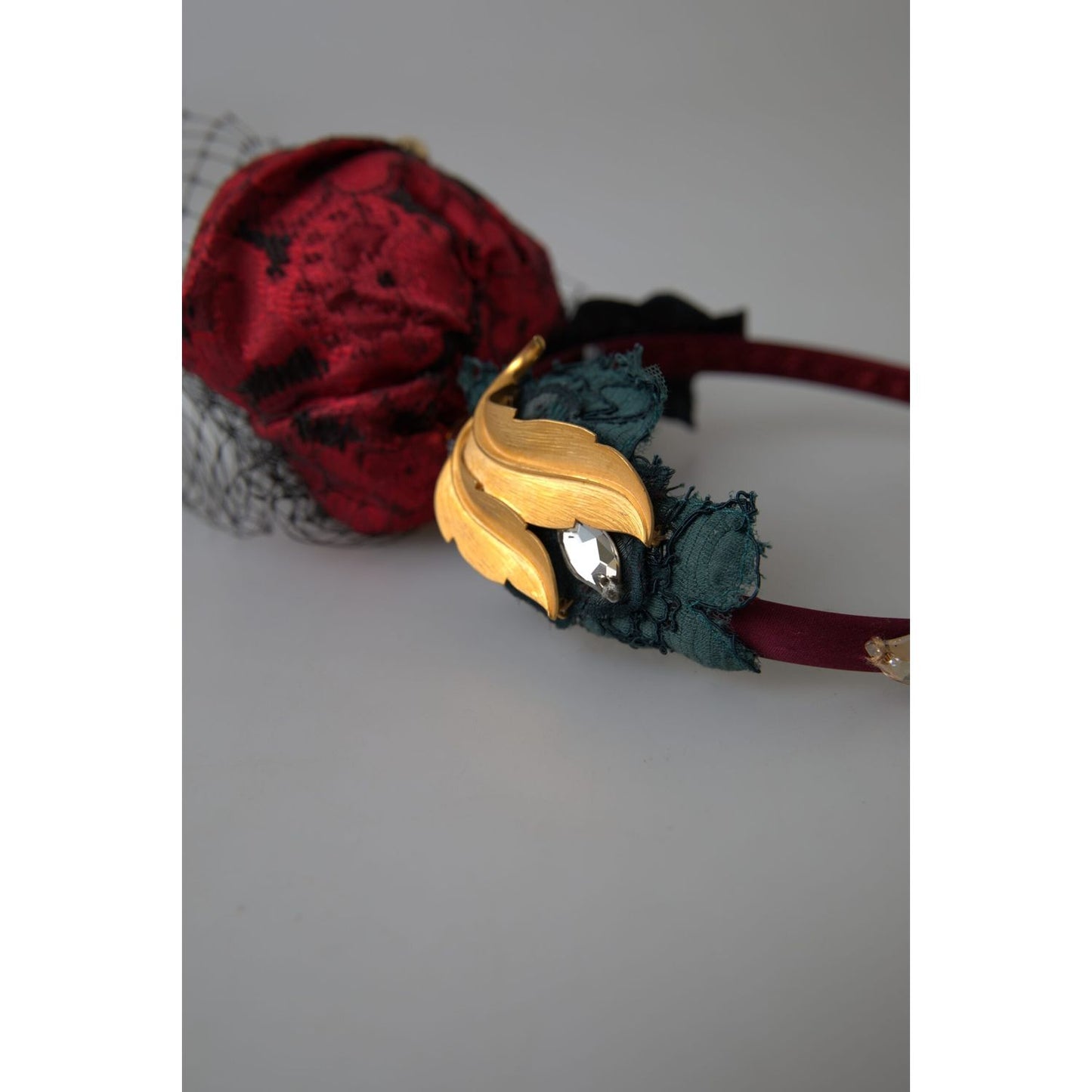 Dolce & Gabbana Red with multicolor Rose Silk Crystal Netted Logo Diadem Headband