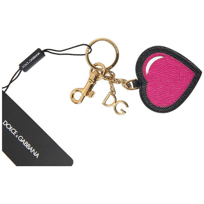 Dolce & Gabbana Black Fuchsia Heart Leather Gold Metal Keyring Keychain