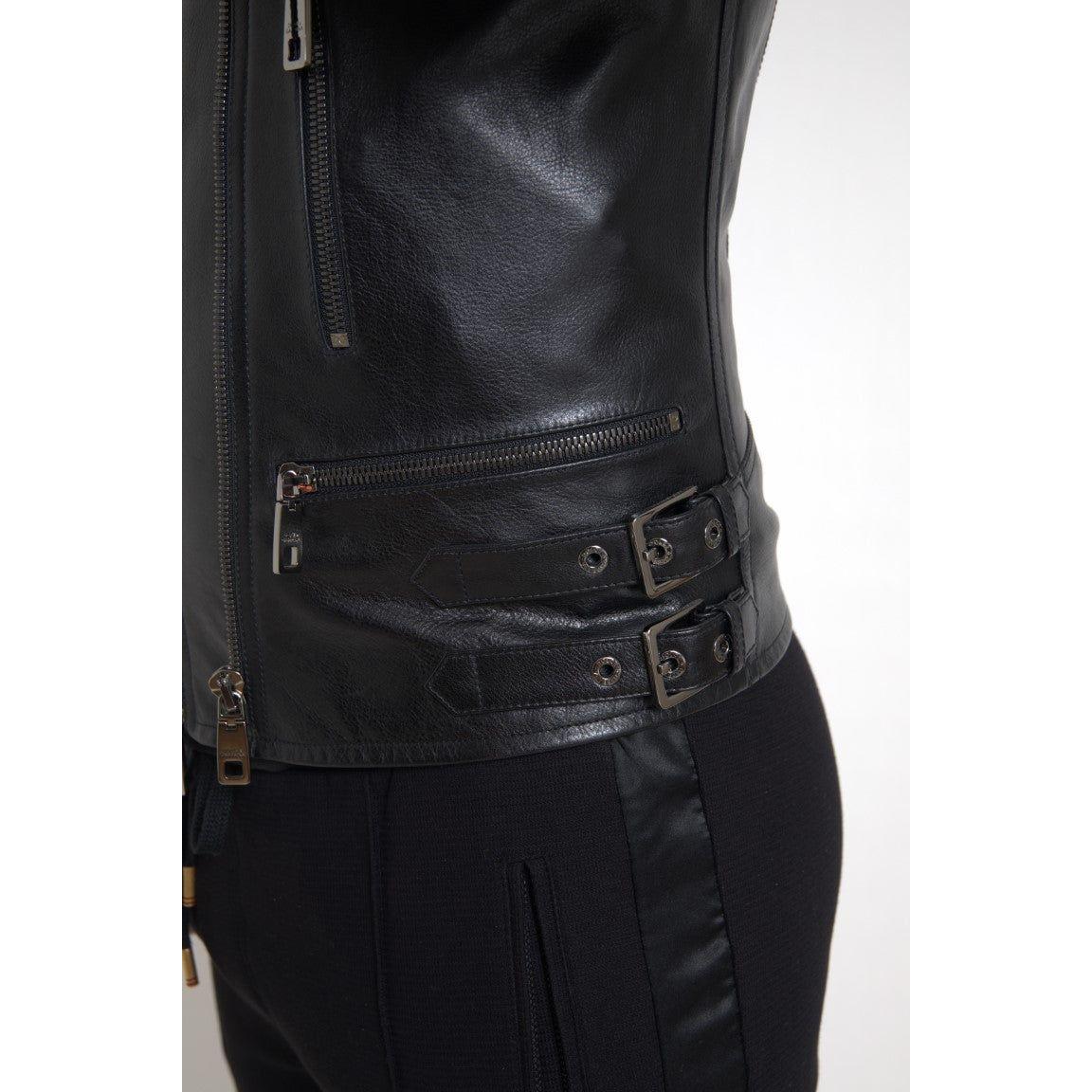Dolce & Gabbana Black Leather Zipper Coat Men Jacket JKT3653-48