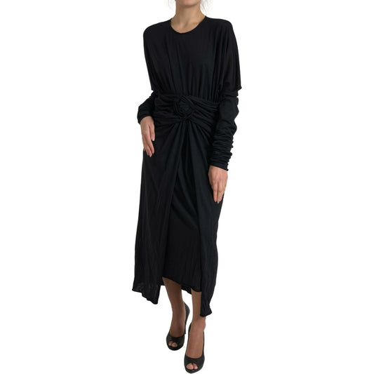 Dolce & Gabbana Black Wool Wrap Sheath Midi Gown Dress DR28895-44