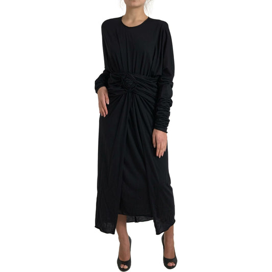 Dolce & Gabbana Black Wool Wrap Sheath Midi Gown Dress DR28895-44