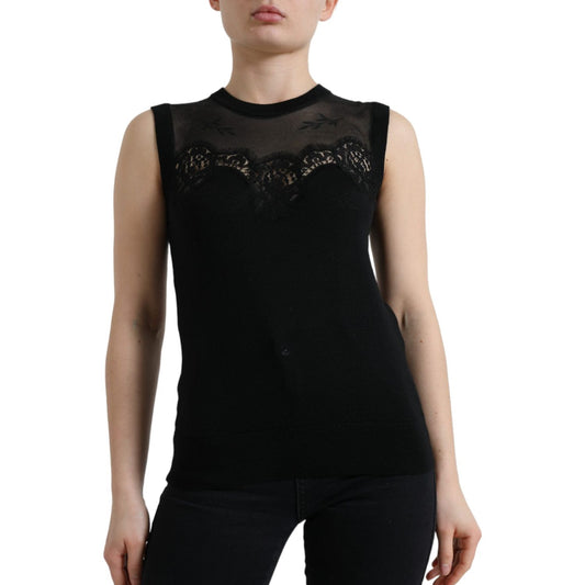 Dolce & Gabbana Black Cashmere Lace Trim Sleeveless Tank Top TSH84299-38