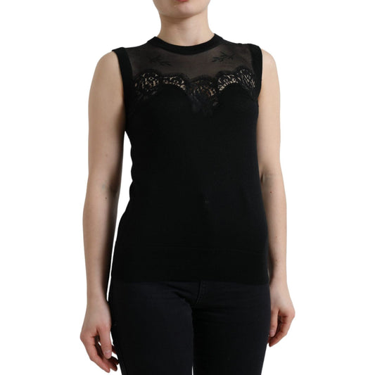 Dolce & Gabbana Black Cashmere Lace Trim Sleeveless Tank Top TSH84299-38