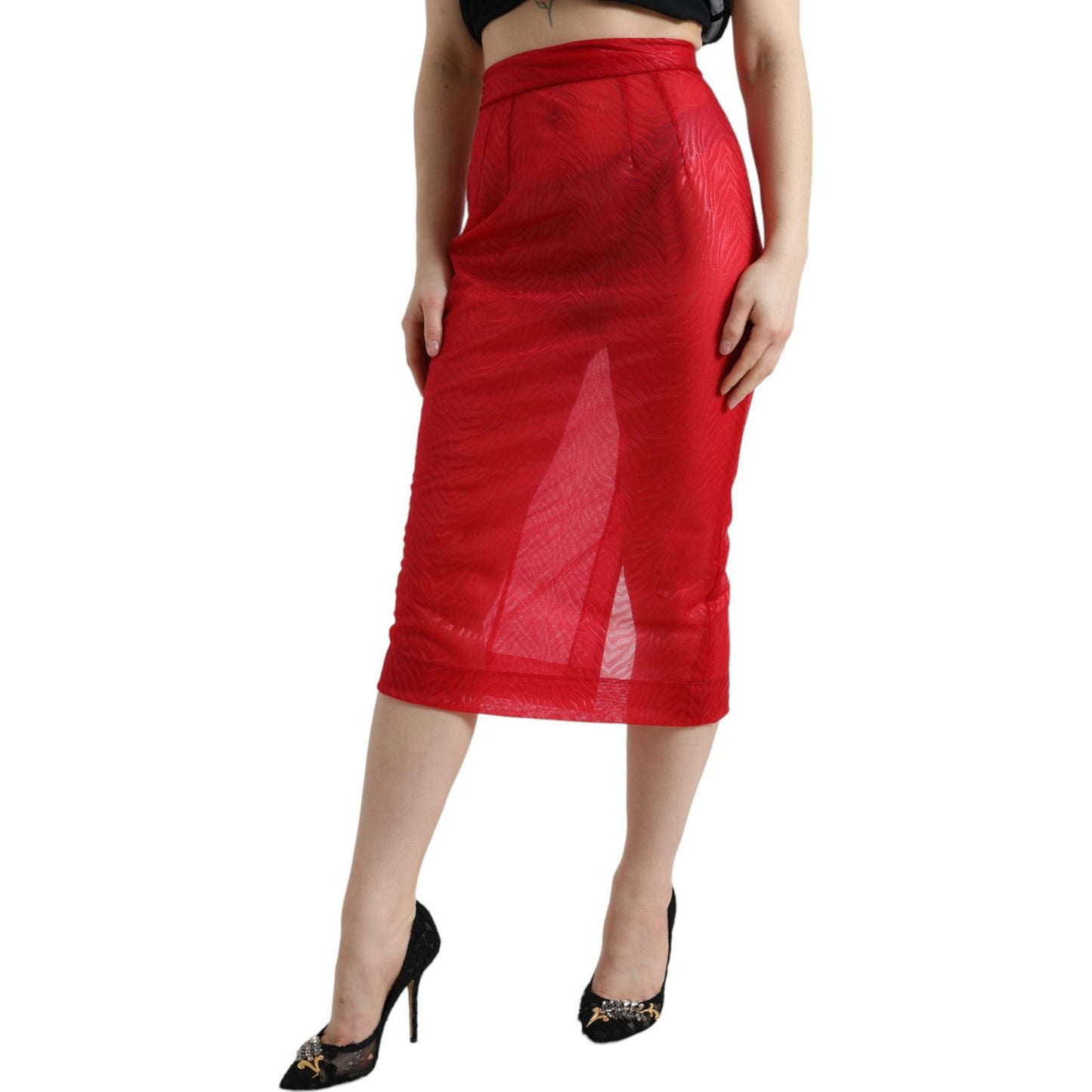 Dolce & Gabbana Red Sheer High Waist Pencil Cut Midi Skirt
