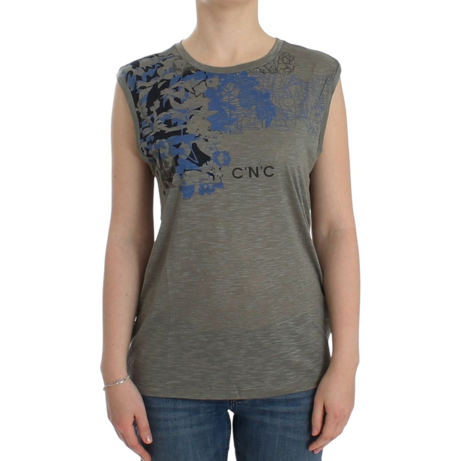 قميص ناشونال شيك بدون أكمام رمادي اللون مع تفاصيل زرقاء