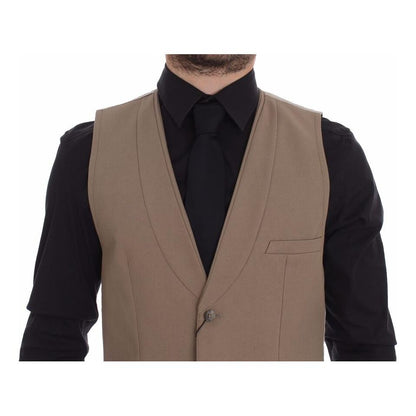 Dolce & Gabbana Beige Cotton Slim Fit Button Front Dress Vest