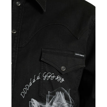 Dolce & Gabbana Black Floral Cotton Collared Dress Shirt