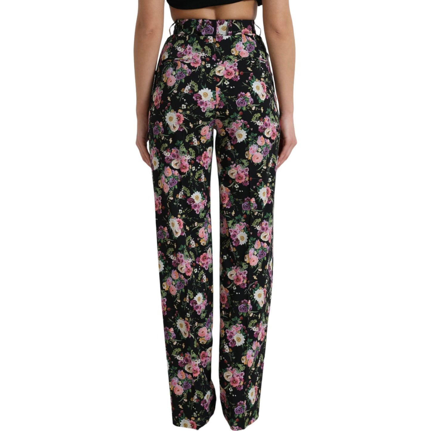 Dolce & Gabbana Black Floral Wool High Waist Wide Leg Pants