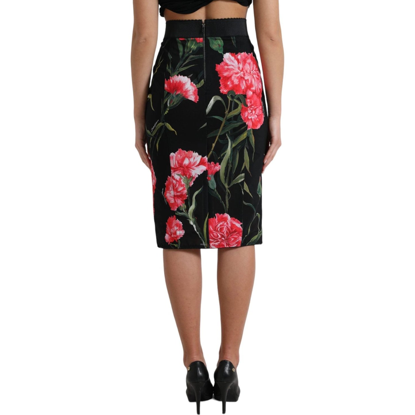 Dolce & Gabbana Black Carnation Pencil Cut Knee Length Skirt SKI1935-36