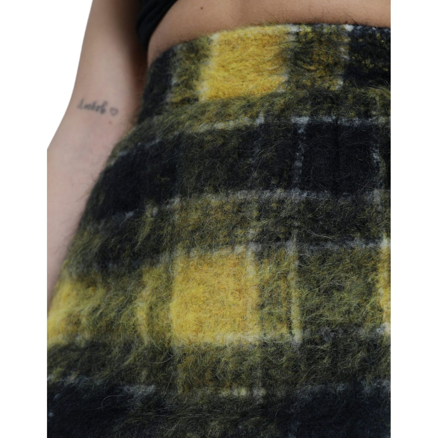 Dolce & Gabbana Yellow Black Brushed Checked Wool Pencil Cut Skirt