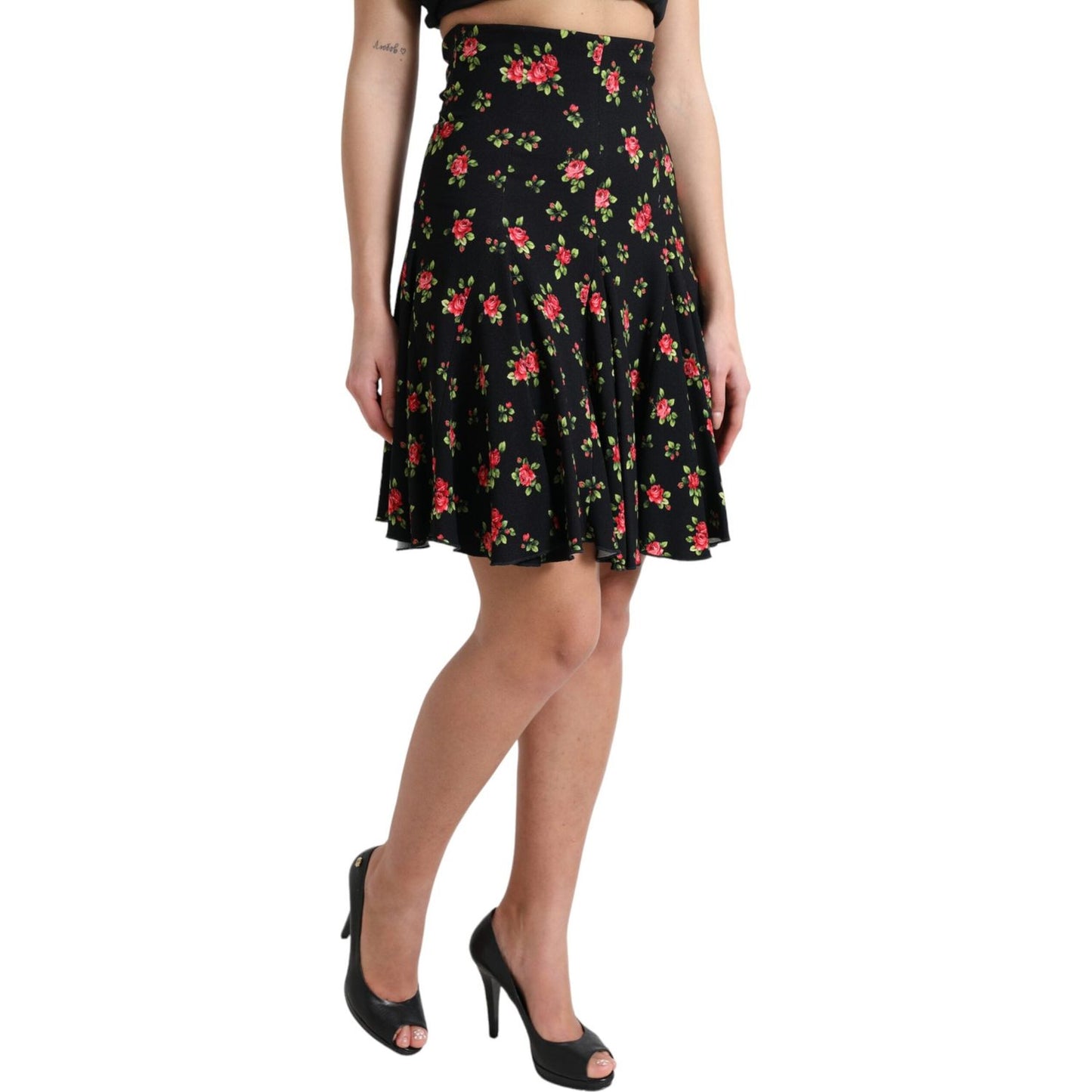Dolce & Gabbana Black Rose Print High Waist A-line Mini Skirt