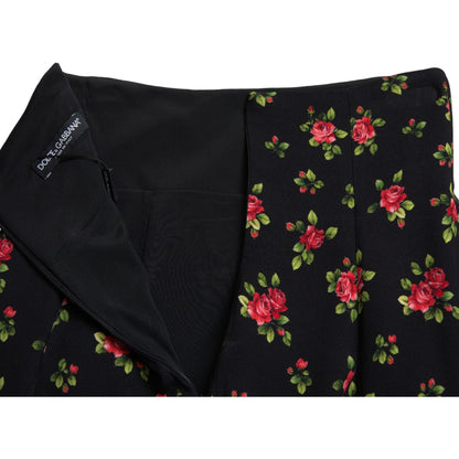 Dolce & Gabbana Black Rose Print High Waist A-line Mini Skirt